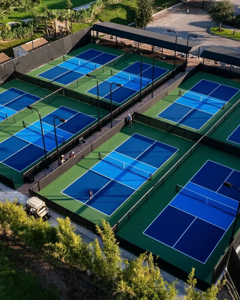 Aerial view of the Addison Reserve pickleball courts in Delray Beach featuring luxury racquets facilities