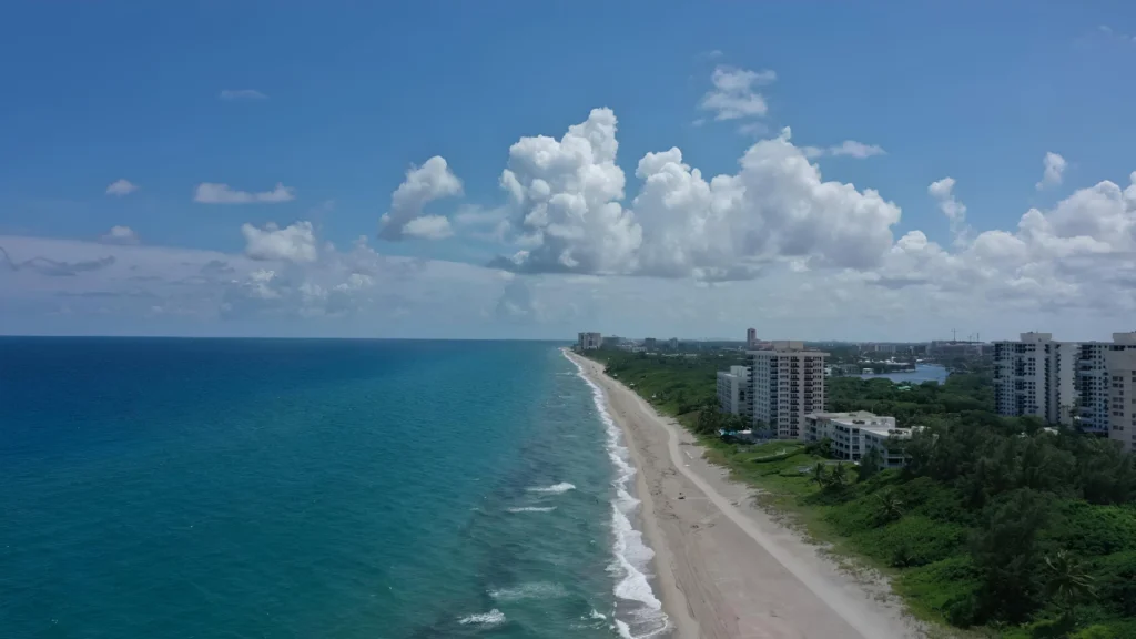 Aerial view of Boca Raton beaches, waterfront neighborhoods, and Atlantic Ocean shoreline