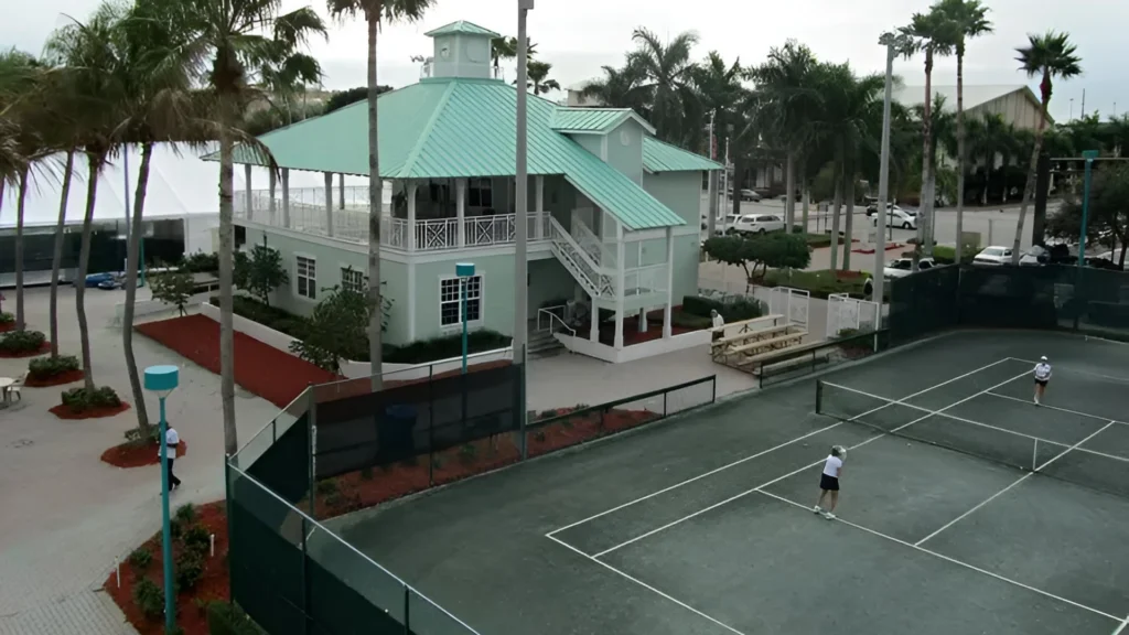 Clubhouse and clay courts at Delray Beach Tennis Center in South Florida