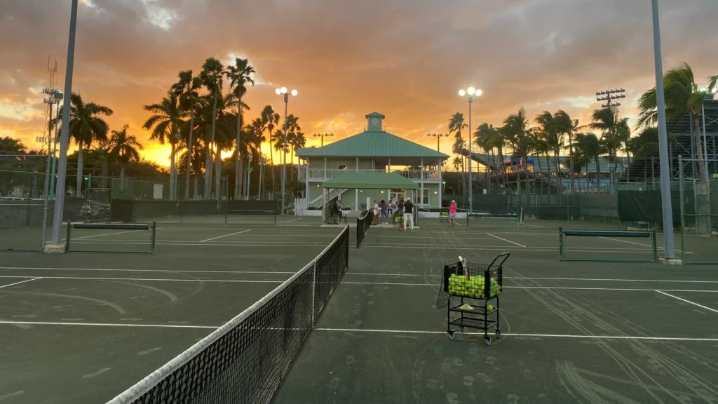 Har-Tru clay courts at Delray Beach Tennis Center during sunset in Delray Beach Florida