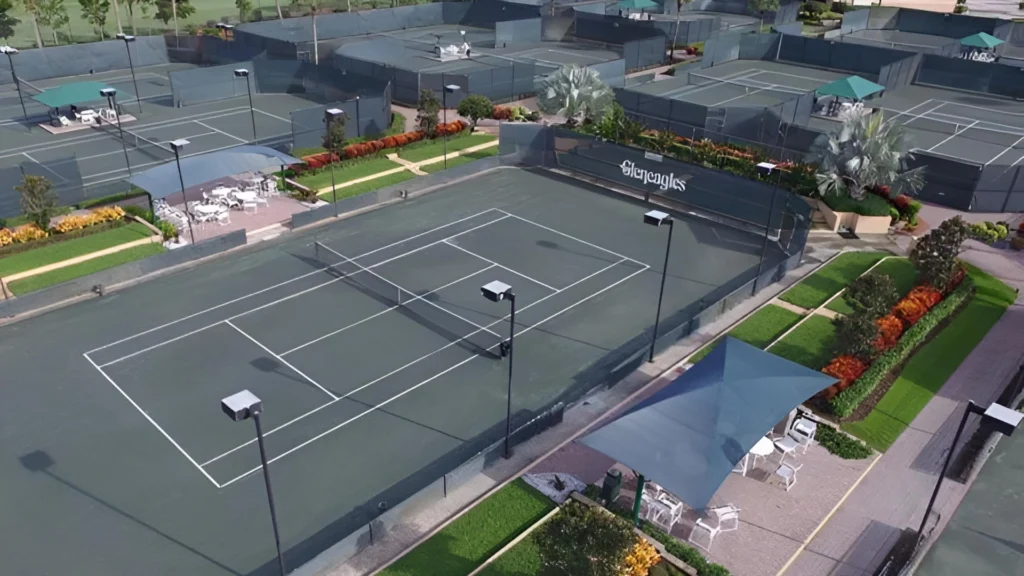 Aerial view of the Gleneagles Country Club tennis center in Delray Beach featuring Har-Tru tennis courts and landscaped club amenities