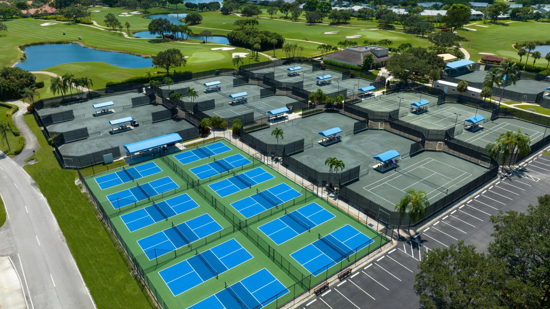 Aerial view of the Hunter’s Run Country Club tennis and pickleball complex in Boynton Beach