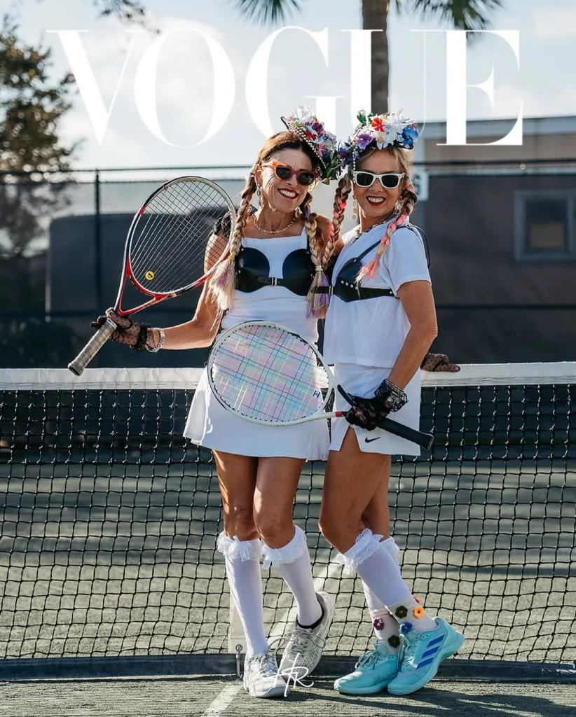 Residents dressed for a themed tennis social event at Hunter’s Run Country Club in Boynton Beach