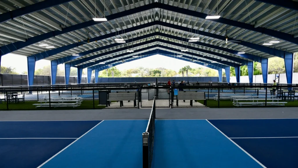 Covered pickleball courts at Patch Reef Paddle and Racquet Club in Boca Raton