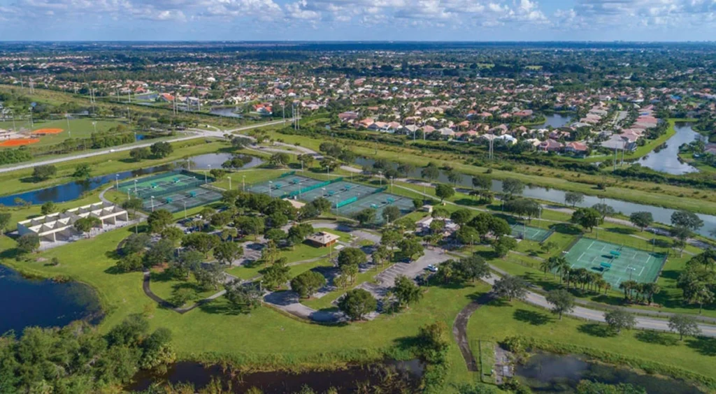 Aerial view of South County Regional Park Tennis Center and surrounding West Boca Raton communities