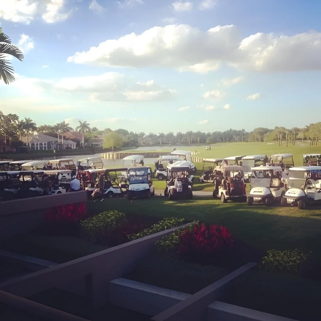 Golf carts and golf course view at St. Andrews Country Club in Boca Raton Florida
