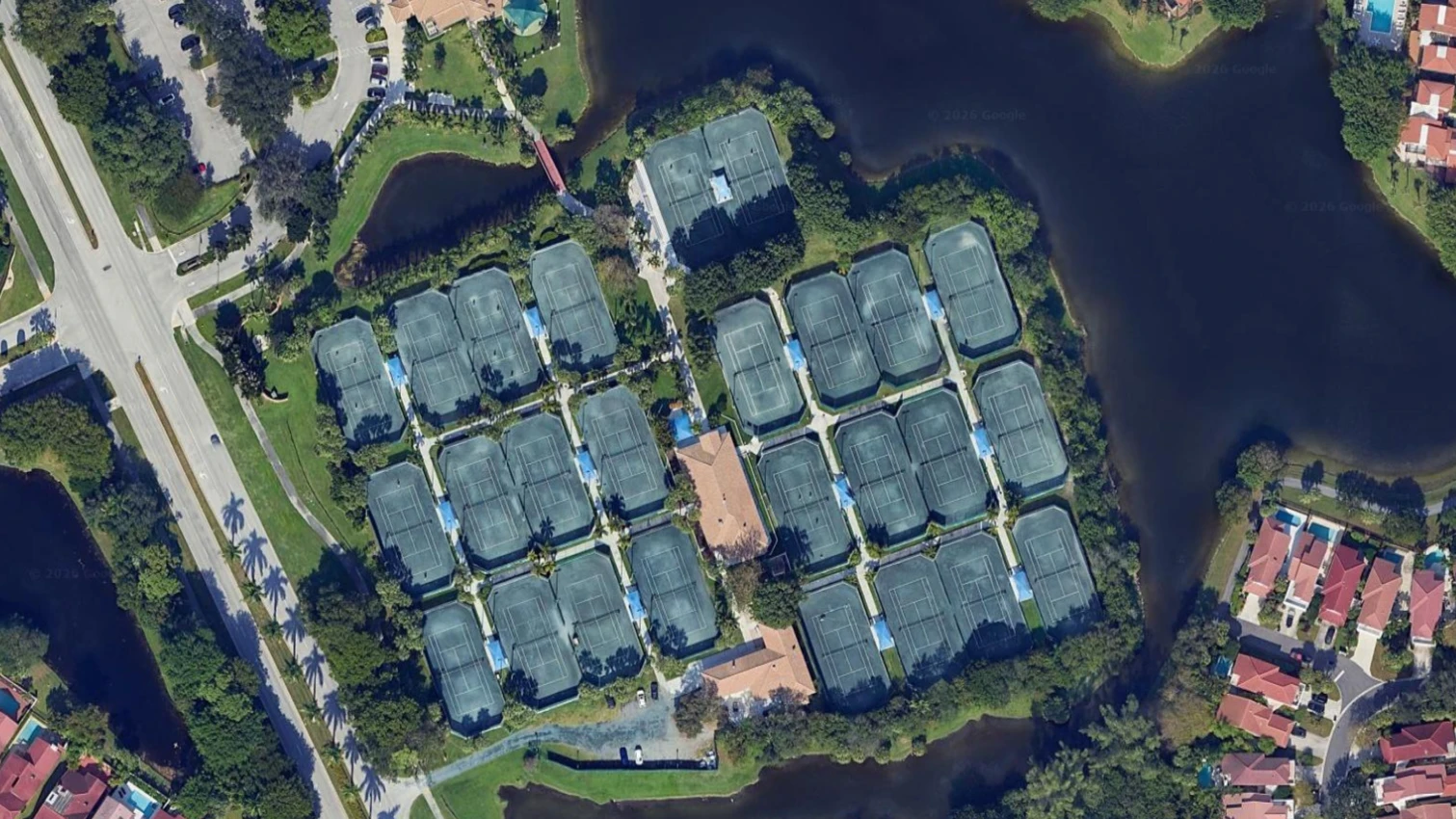 Aerial view of The Racquet Center in Boca Raton showing 26 Har-Tru clay courts and clubhouse facilities
