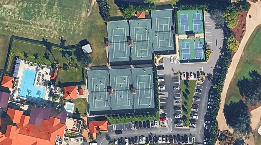Aerial view of The Wanderers Club tennis courts and pickleball courts in Wellington Florida