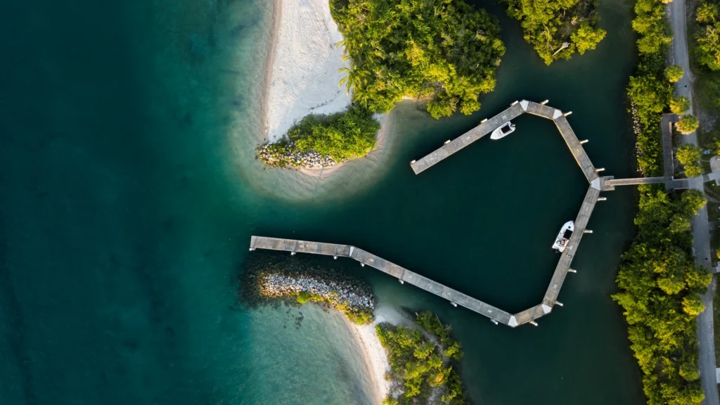 Aerial view of waterfront preserve and boating access near West Palm Beach