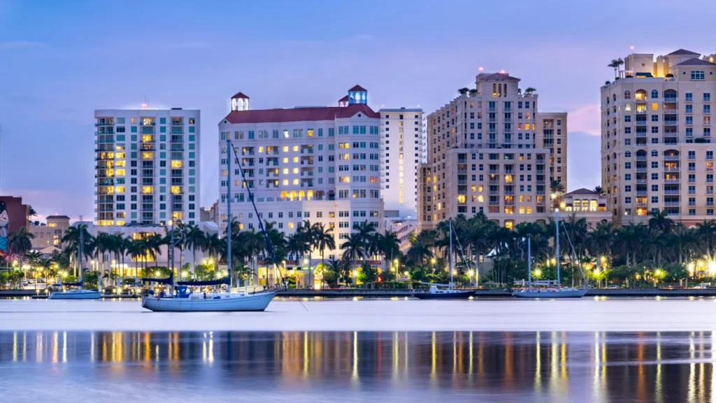 Downtown West Palm Beach waterfront skyline and luxury residences at dusk