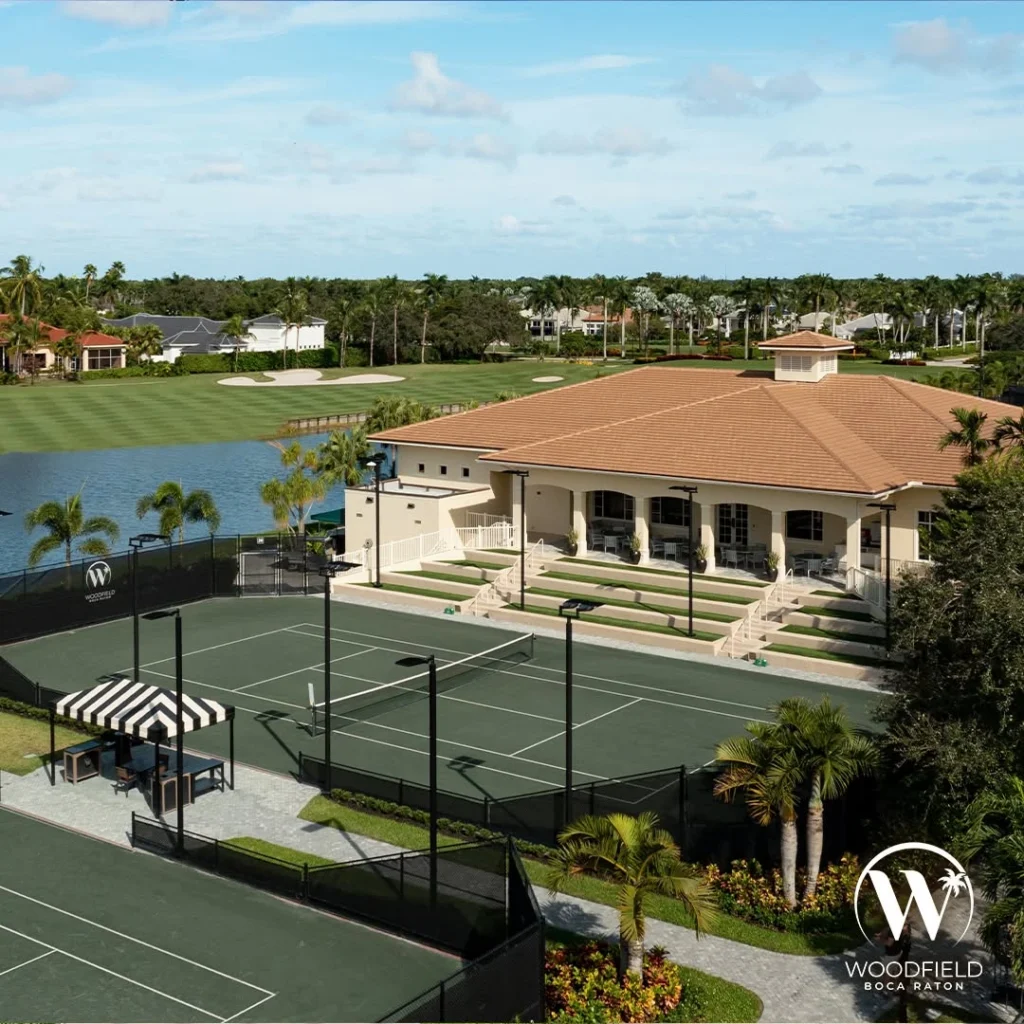 Tennis courts and clubhouse at Woodfield Country Club in Boca Raton