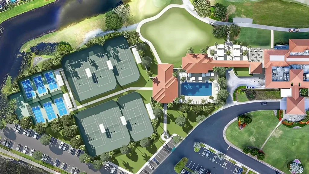 Aerial view of the racquet center at Bear Lakes Country Club in West Palm Beach