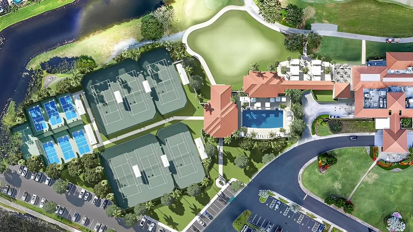 Aerial view of the racquet center at Bear Lakes Country Club in West Palm Beach