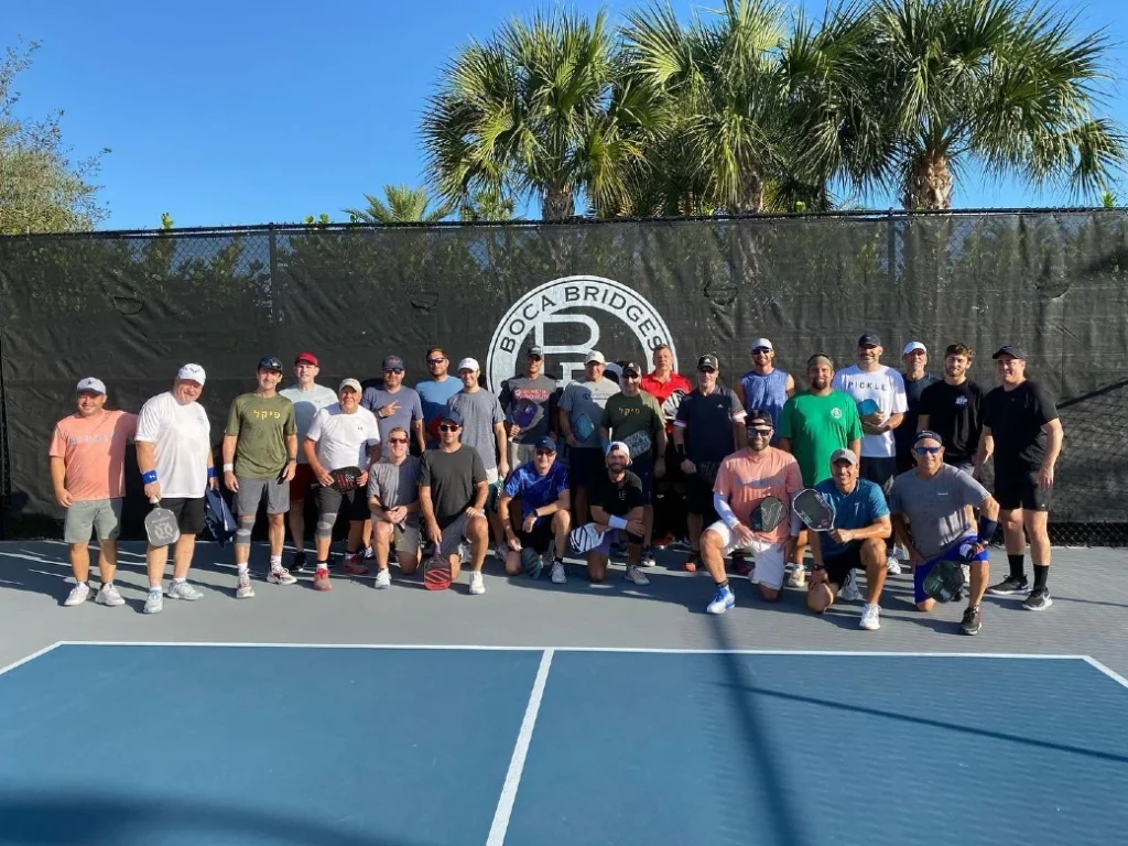 Large group of pickleball players at Boca Bridges racquet club in Boca Raton Florida