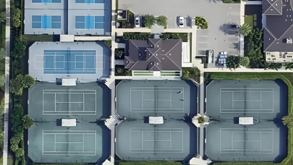 Aerial view of Boca Bridges tennis and pickleball courts in Boca Raton Florida