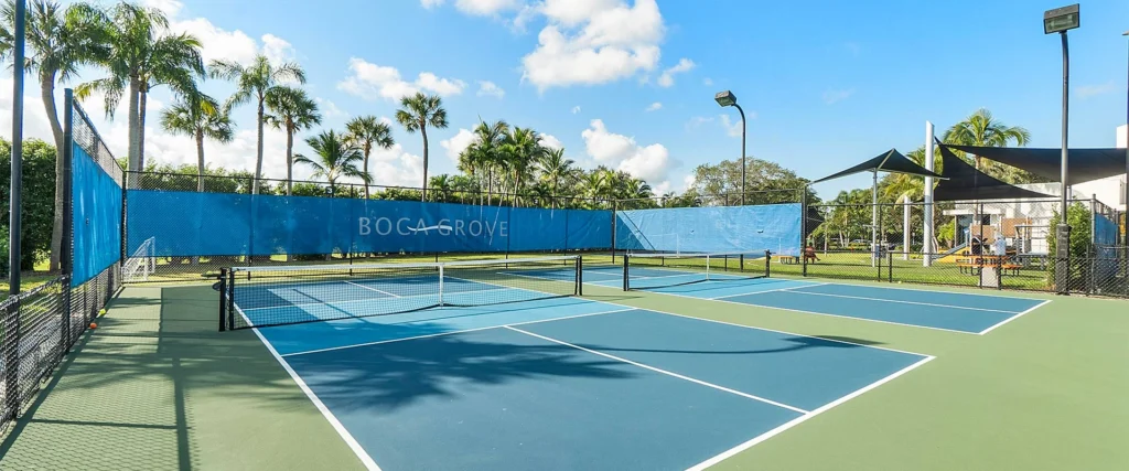 Dedicated pickleball courts at Boca Grove featuring five lighted courts.