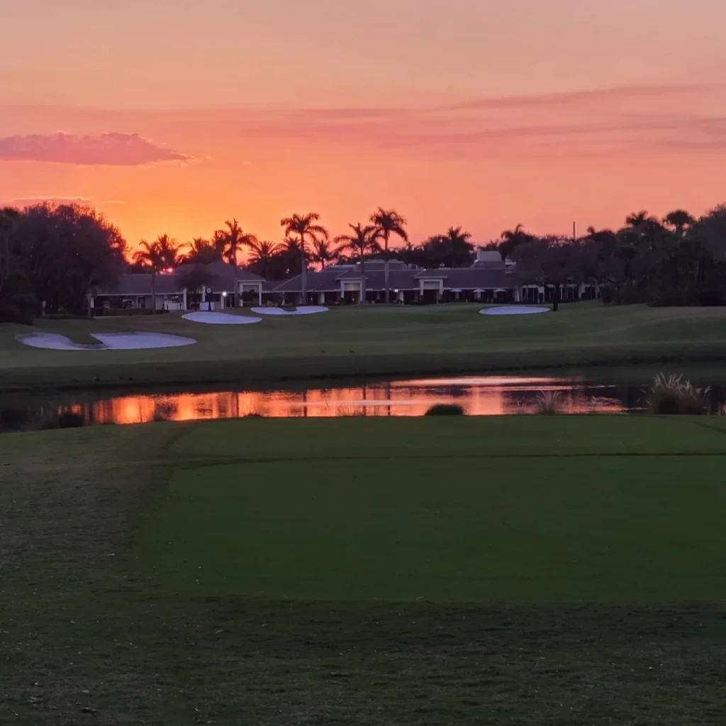 Sunset view across the championship golf course at Bocaire Country Club in Boca Raton