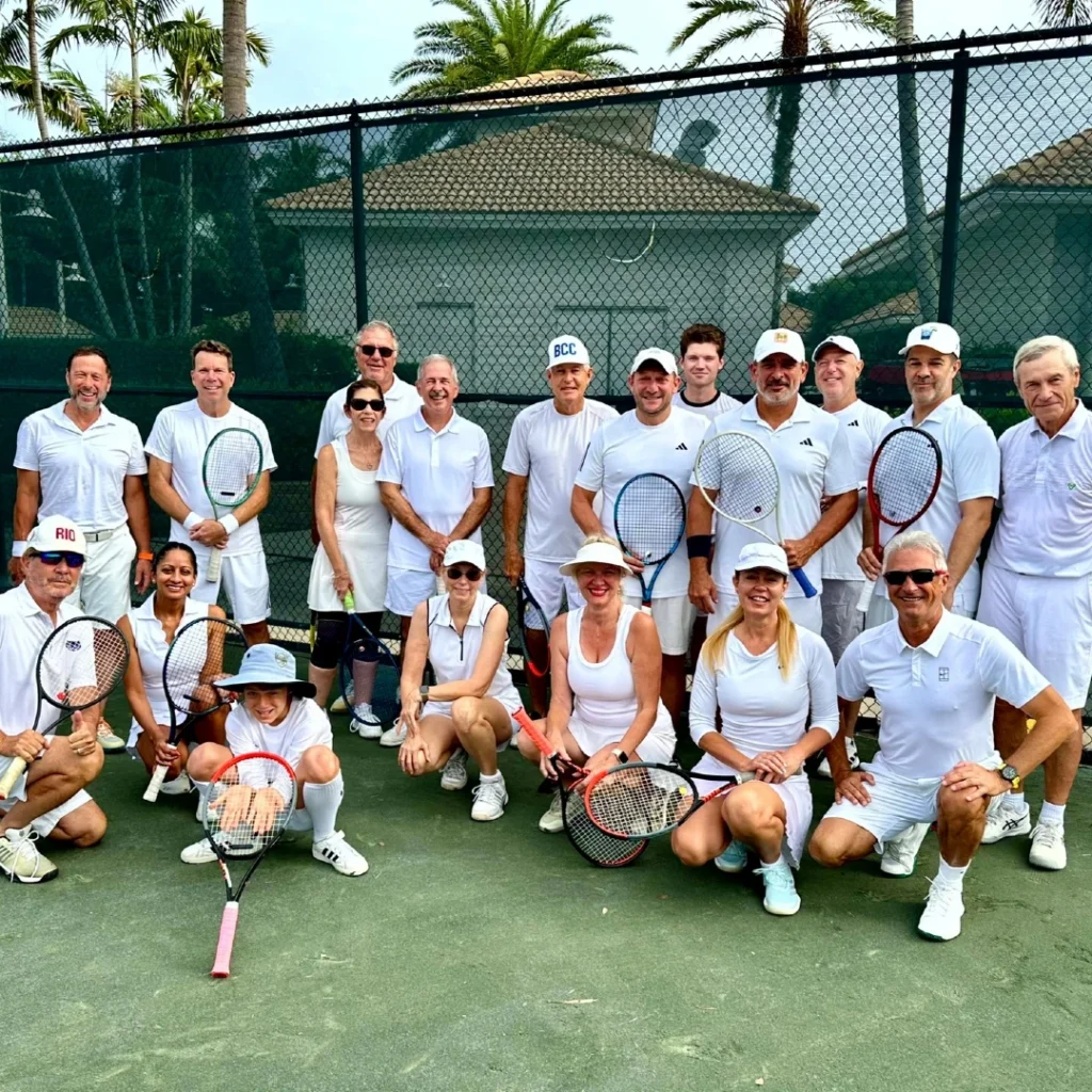 Bocaire Country Club members participating in a tennis social event on Har-Tru courts in Boca Raton