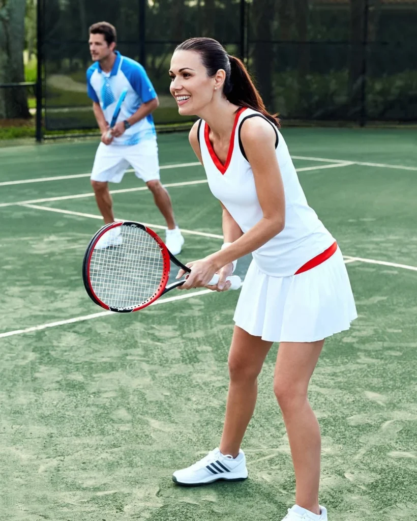 Mixed doubles tennis players on Har-Tru courts at Breakers West Country Club