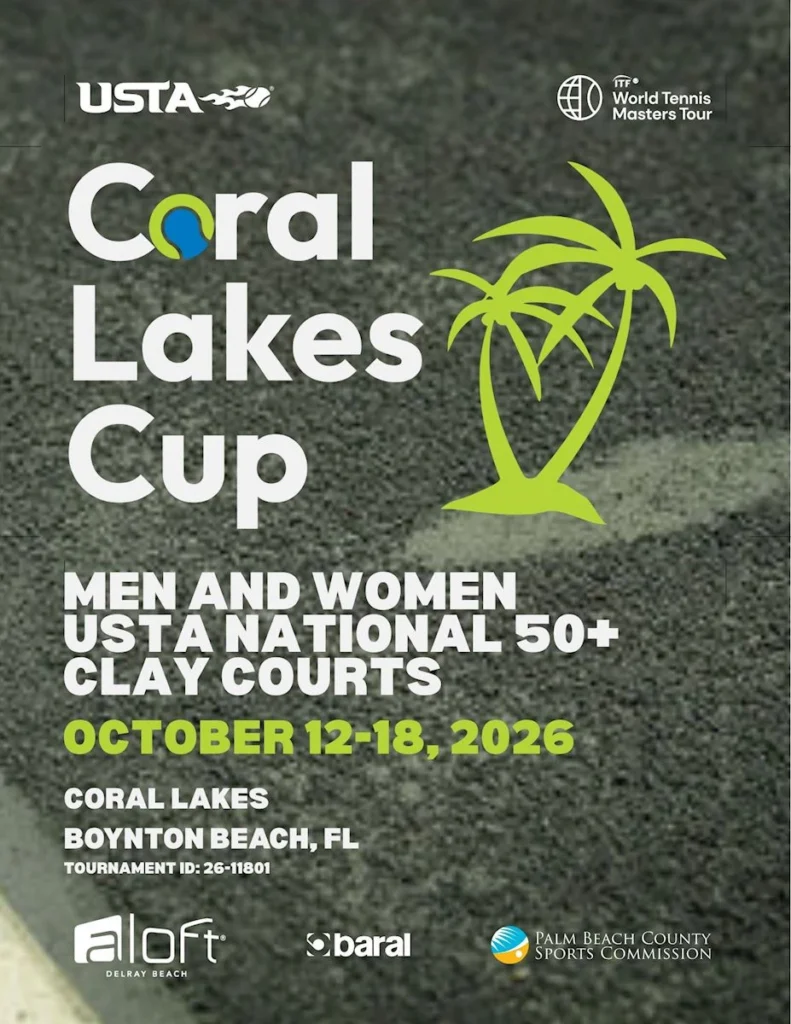 Poster for the Coral Lakes Cup USTA National 50+ Clay Court Championships in Boynton Beach