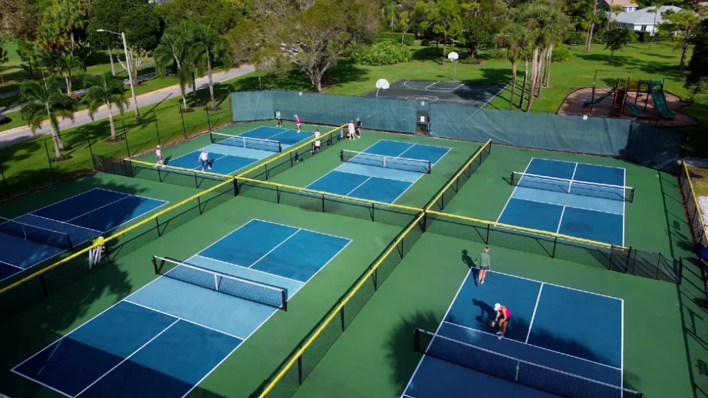 Aerial view of dedicated pickleball courts at Eastpointe Country Club in Palm Beach Gardens