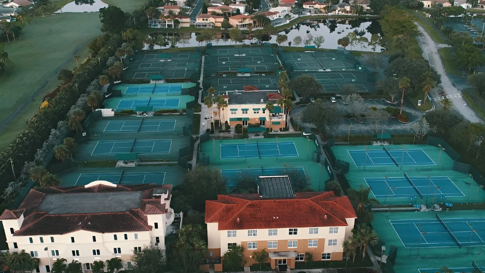 Aerial view of Evert Tennis Academy tennis courts and training campus in Boca Raton Florida