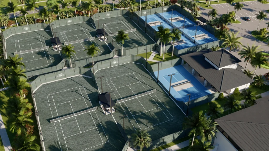 Aerial rendering of Lotus Palm Har-Tru tennis and pickleball courts in Boca Raton