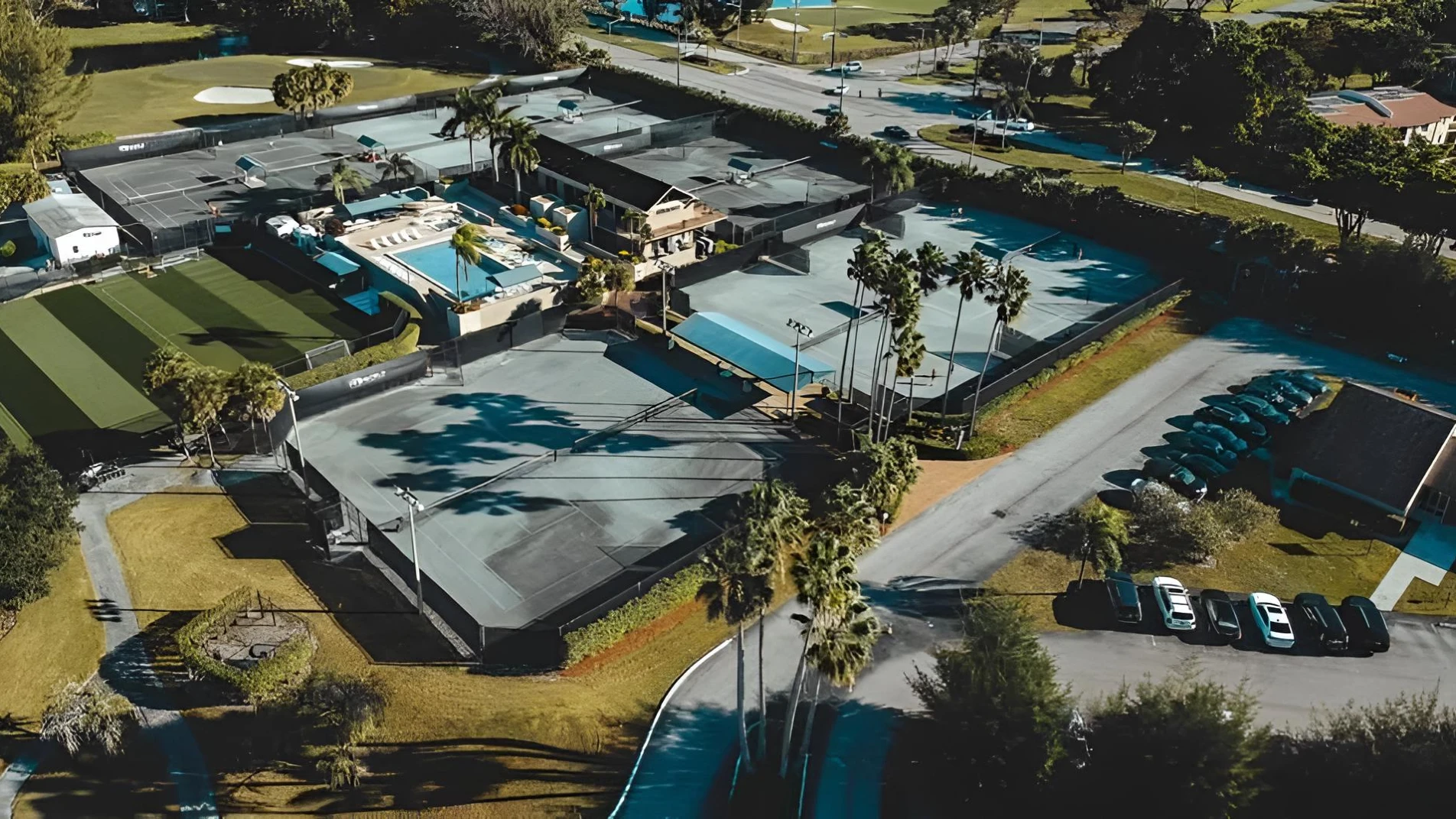 Aerial view of One Tennis Academy training courts at Boca Lago in Boca Raton Florida