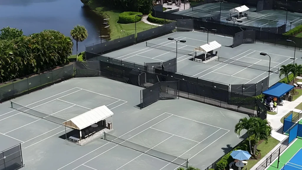 Aerial view of the tennis and pickleball complex at Stonebridge Country Club in Boca Raton Florida