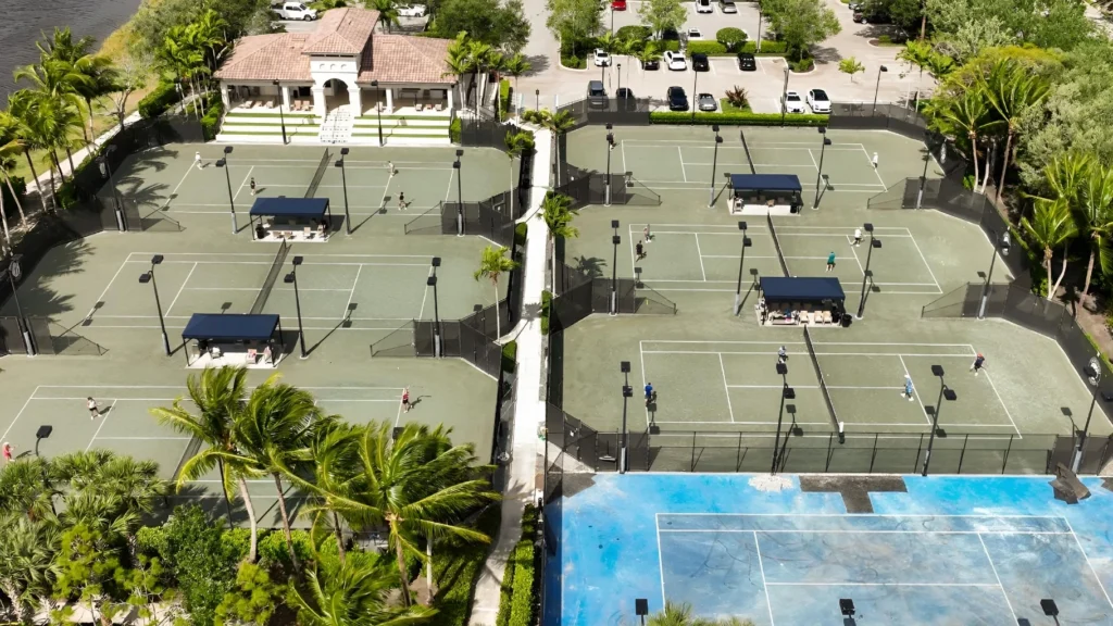 Aerial view of The Bridges tennis and pickleball courts in Delray Beach