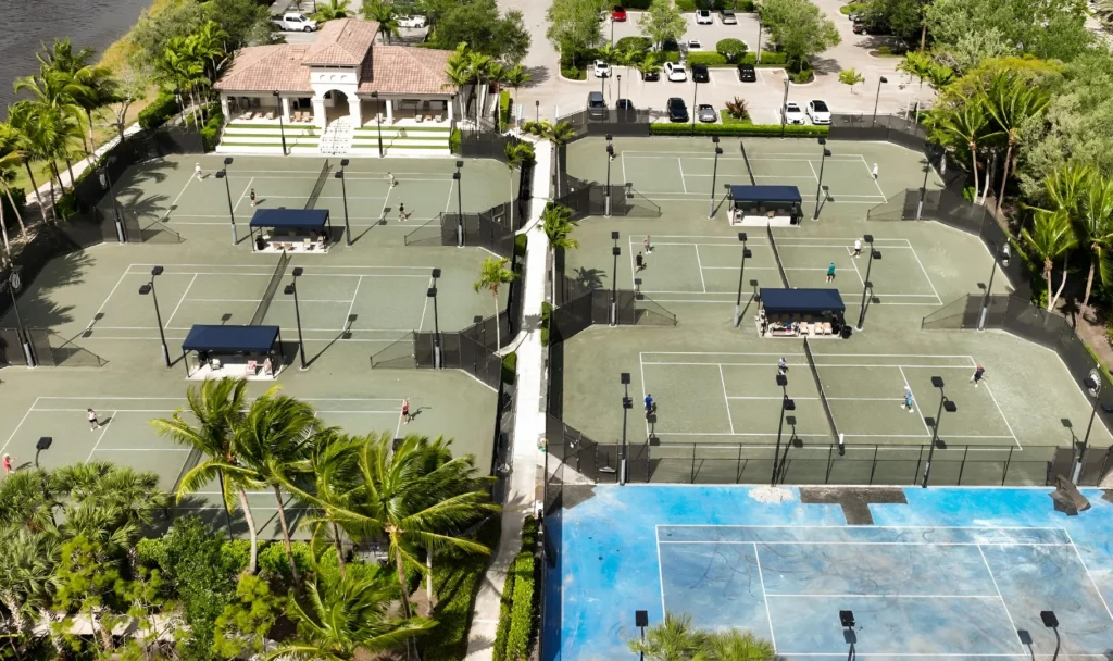 Aerial view of The Bridges tennis and pickleball courts in Delray Beach