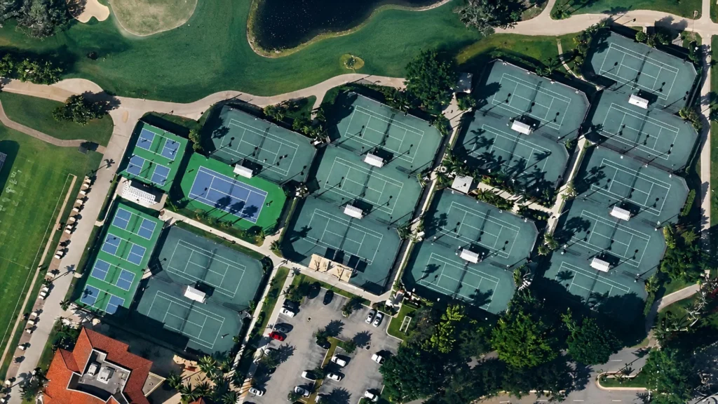 Aerial view of The Club at Ibis tennis and pickleball court complex in West Palm Beach