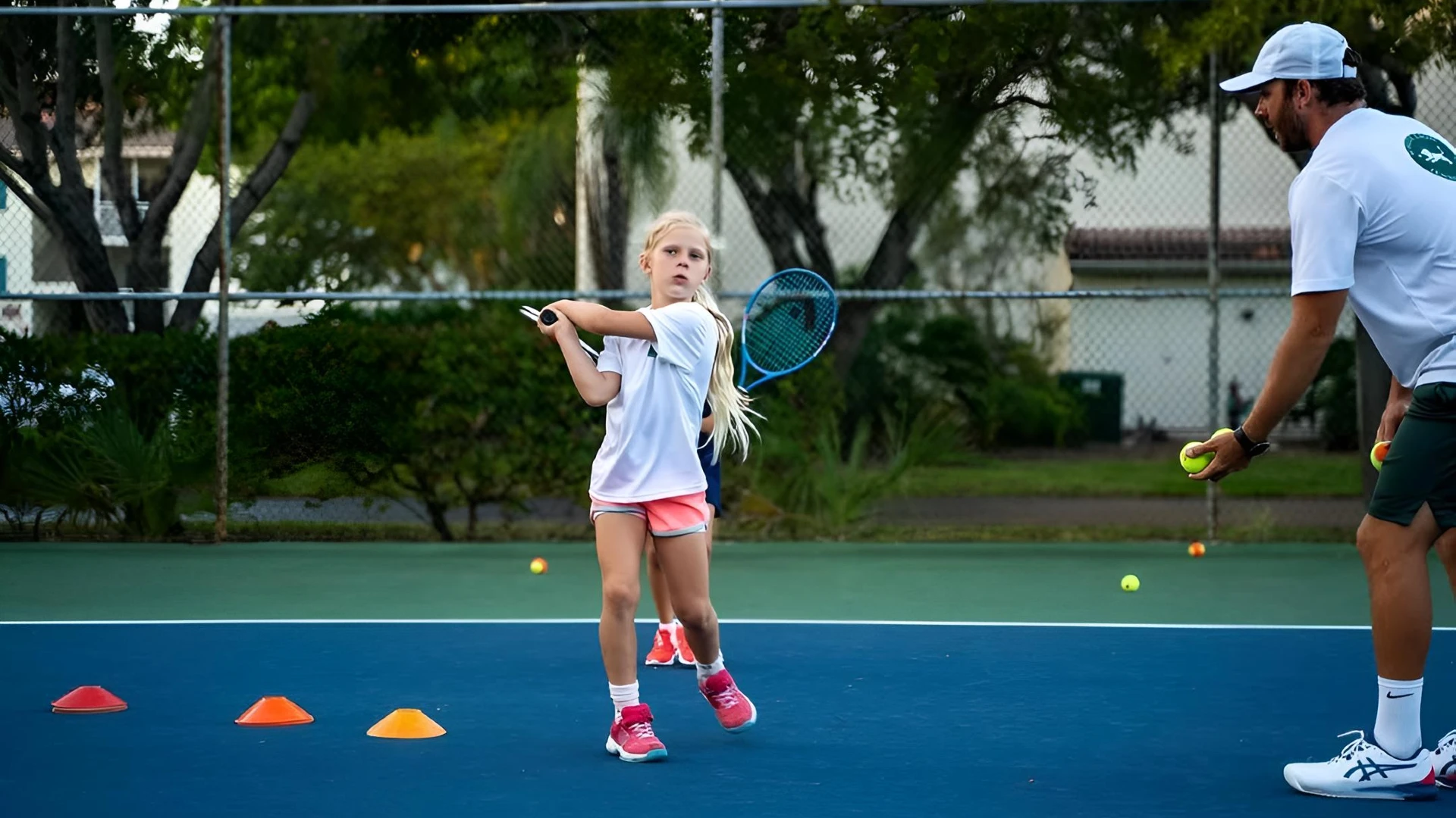Junior tennis player training with a White Lion Tennis Academy coach on Boca Pointe courts in Boca Raton