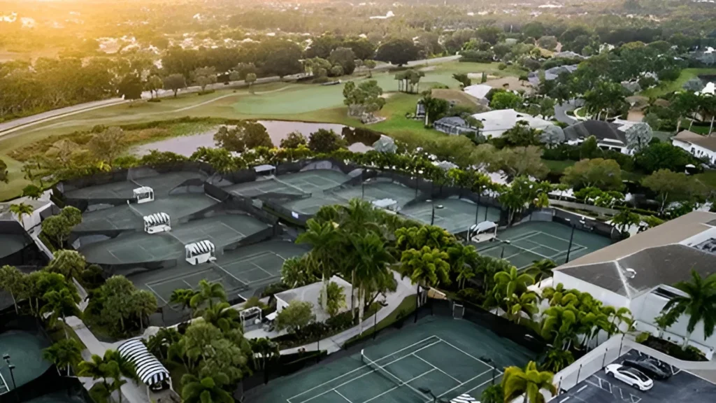 Aerial view of the Wycliffe Golf & Country Club tennis center and Har-Tru courts in Wellington