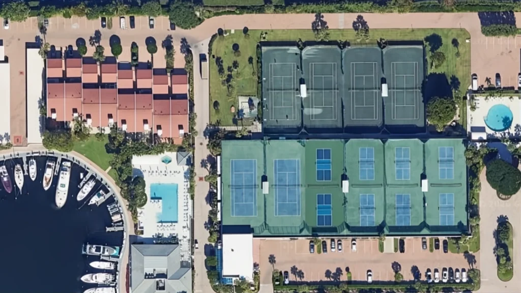 Aerial view of Yacht & Racquet Club of Boca Raton with marina, tennis facilities and Atlantic Ocean