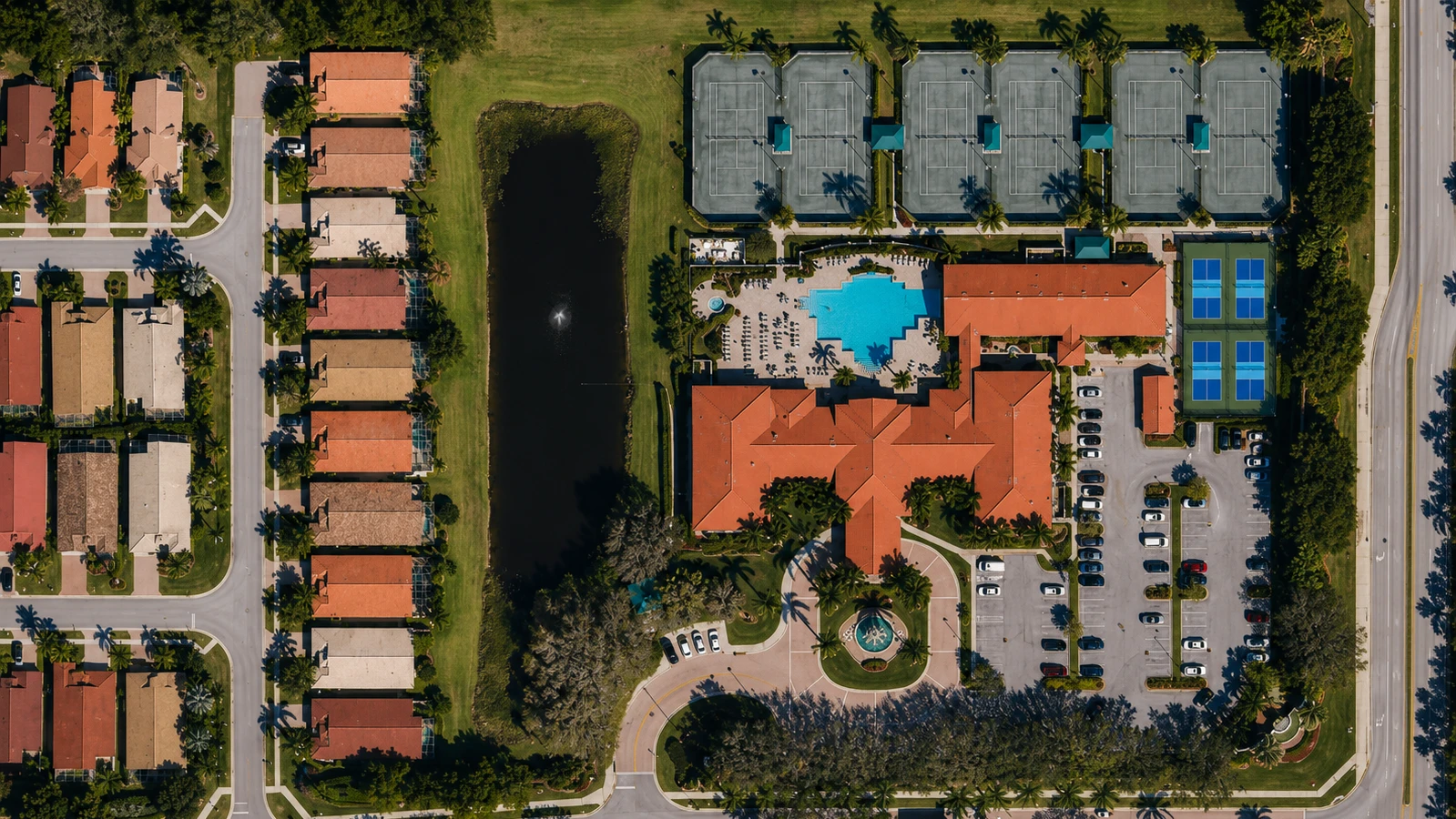 Aerial overview of Cascade Lakes showing the clubhouse, six Har-Tru tennis courts, four pickleball courts, pool, and surrounding homes in Boynton Beach.