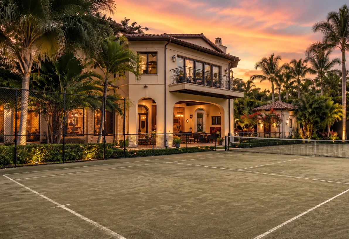 Luxury Palm Beach County home with a private Har-Tru tennis court, tropical landscaping, and twilight exterior lighting.