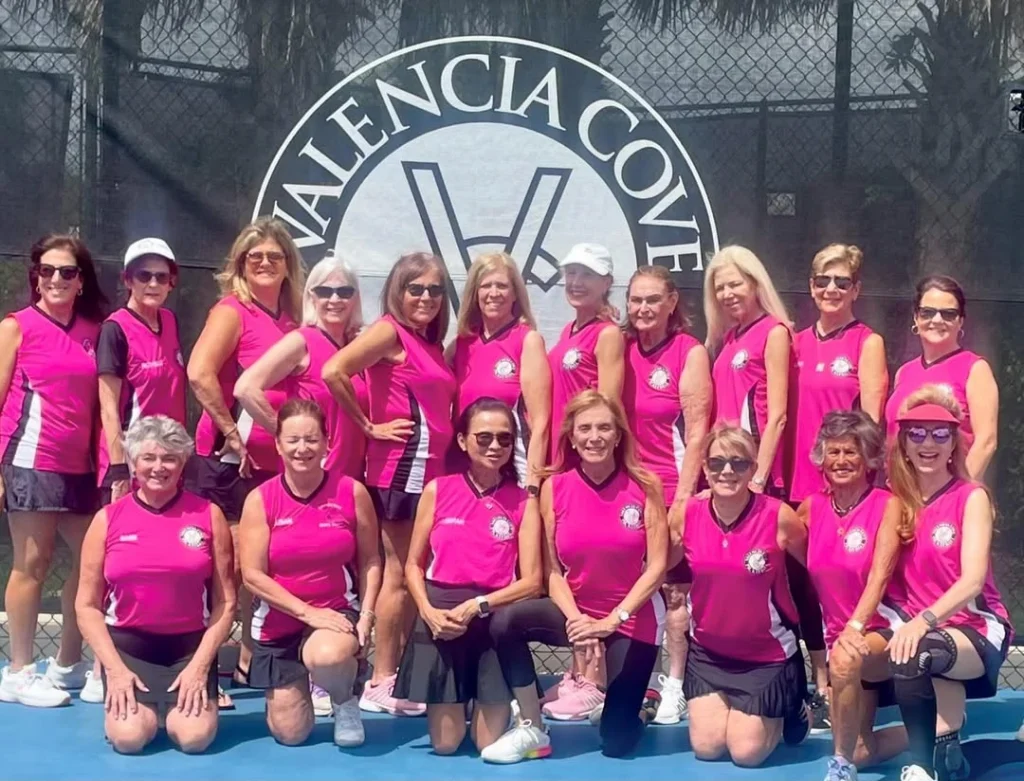 Valencia Cove women's pickleball team posing at the community racquet center in Boynton Beach