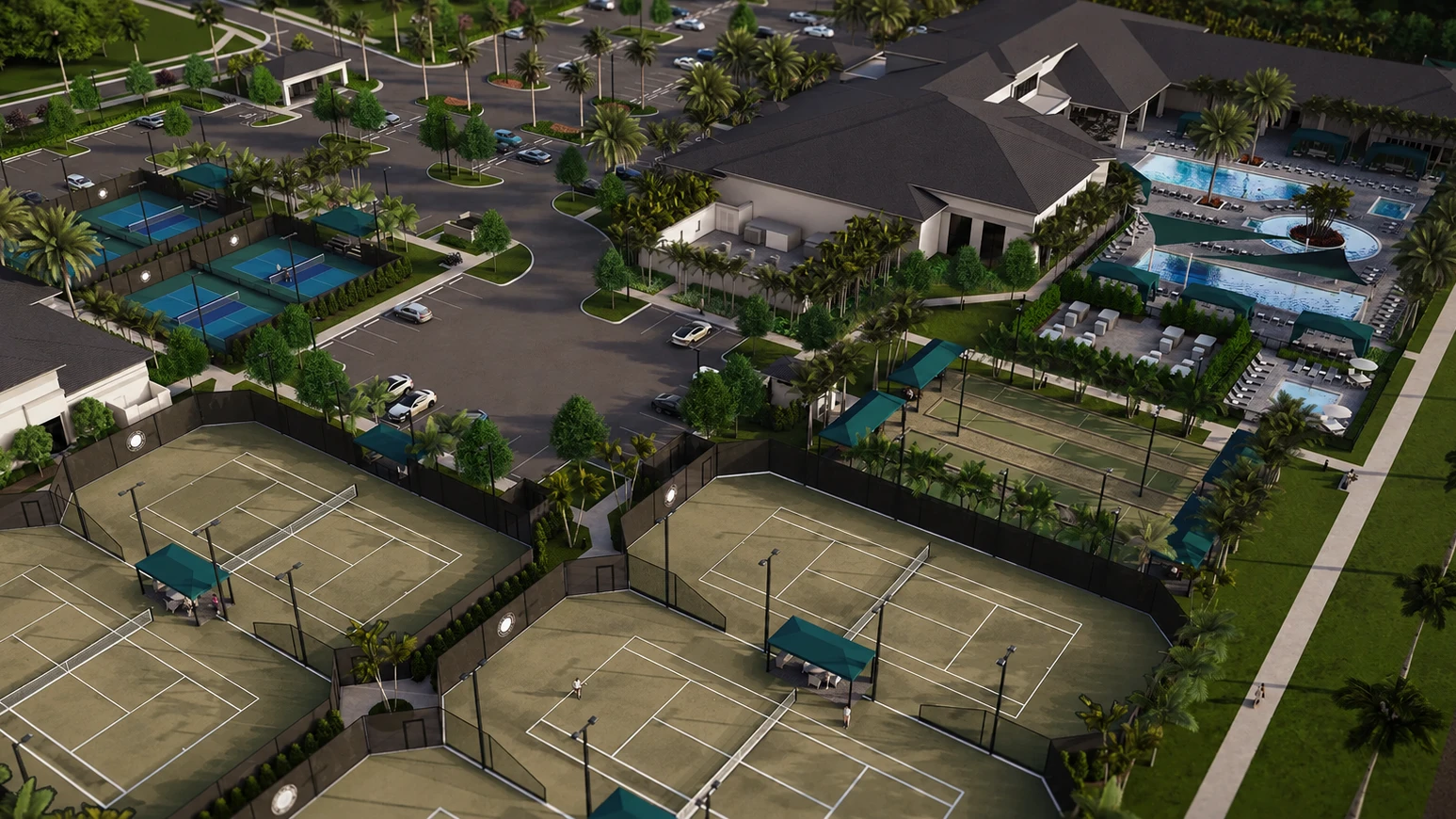 Architect's rendering of the Valencia Del Mar clubhouse, Har-Tru tennis courts, pickleball courts, bocce courts, and resort pools in Boynton Beach.