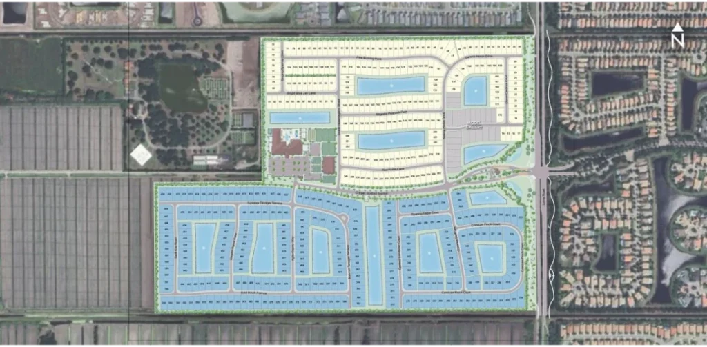 Master site plan showing the clubhouse, racquet sports complex, amenities, and residential neighborhoods at Valencia Del Mar in Boynton Beach.