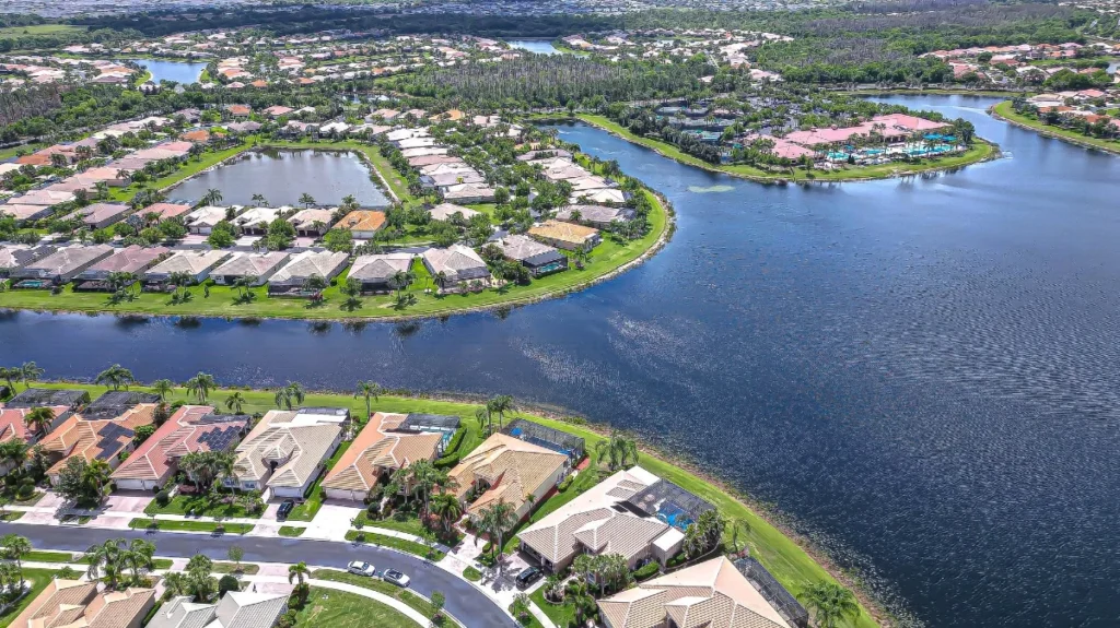 Aerial view of Valencia Lakes showing homes, lakes, and the surrounding community in Boynton Beach.