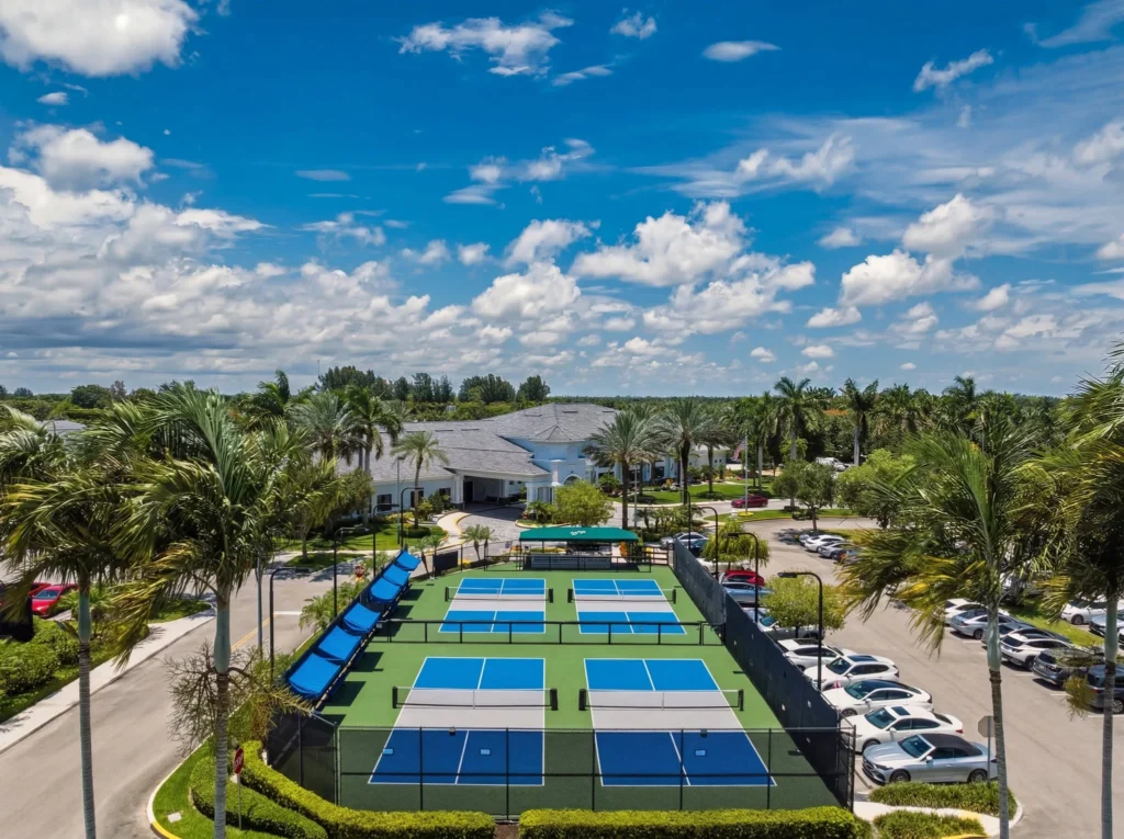 Dedicated pickleball courts beside the clubhouse at Valencia Reserve